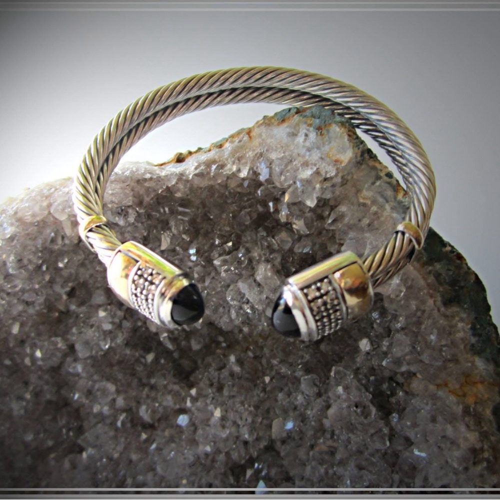 Silver and Black Cable Cuff Bracelet 925